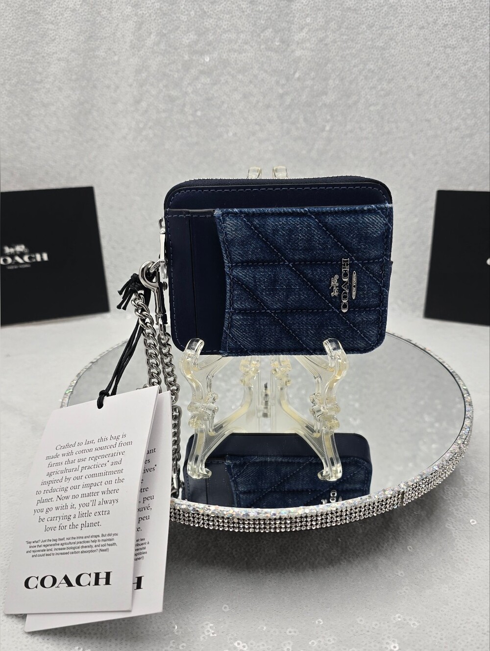 Coach Zip Card Case In Quilted Denim & Smooth Leather Chain Strap Sleek